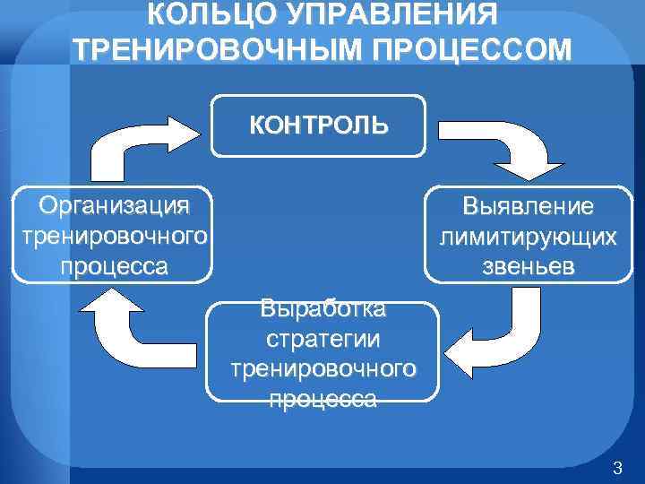 КОЛЬЦО УПРАВЛЕНИЯ ТРЕНИРОВОЧНЫМ ПРОЦЕССОМ КОНТРОЛЬ Организация тренировочного процесса Выявление лимитирующих звеньев Выработка стратегии тренировочного