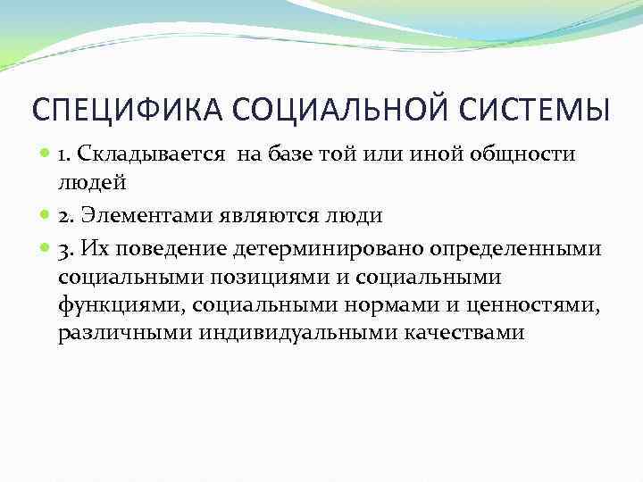 СПЕЦИФИКА СОЦИАЛЬНОЙ СИСТЕМЫ 1. Складывается на базе той или иной общности людей 2. Элементами