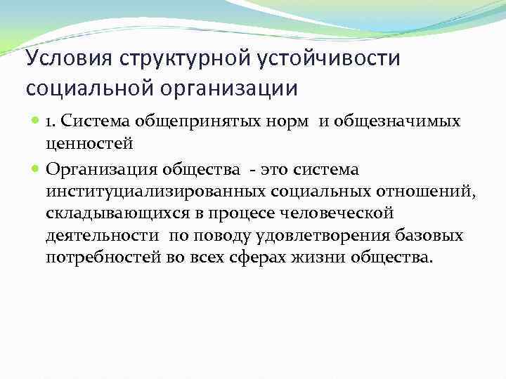 Условия структурной устойчивости социальной организации 1. Система общепринятых норм и общезначимых ценностей Организация общества