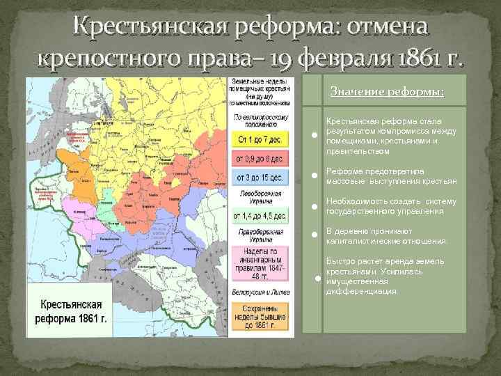 Крестьянская реформа: отмена крепостного права– 19 февраля 1861 г. Значение реформы: ● Крестьянская реформа