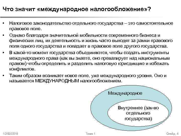 Что значит «международное налогообложение» ? • • Налоговое законодательство отдельного государства – это самостоятельное