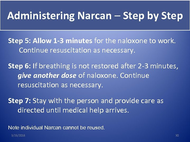 Administering Narcan – Step by Step 5: Allow 1 -3 minutes for the naloxone