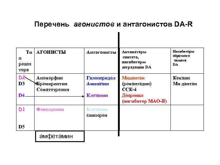 Перечень агонистов и антагонистов DA-R Ти АГОНИСТЫ Антагонисты Активаторы синтеза, ингибиторы деградации DA Ингибиторы