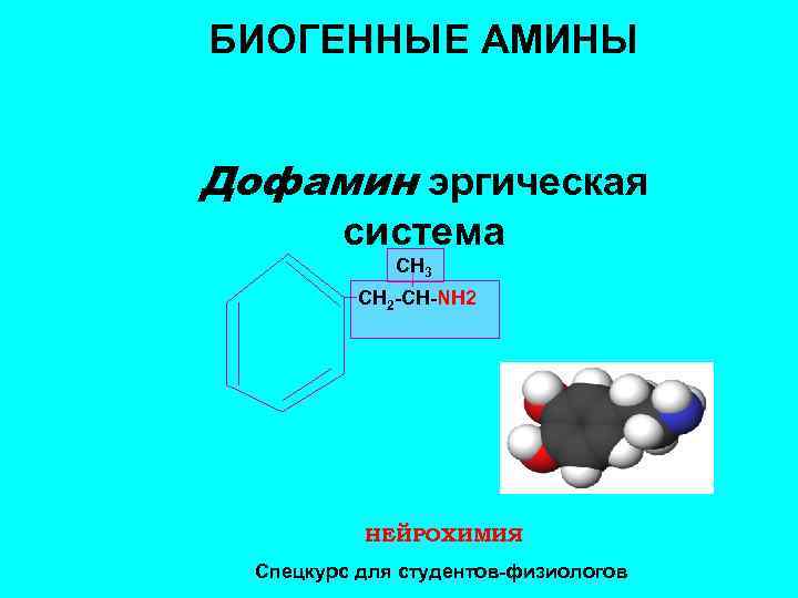 БИОГЕННЫЕ АМИНЫ Дофамин эргическая система CH 3 СН 2 -СH-NH 2 НЕЙРОХИМИЯ Спецкурс для