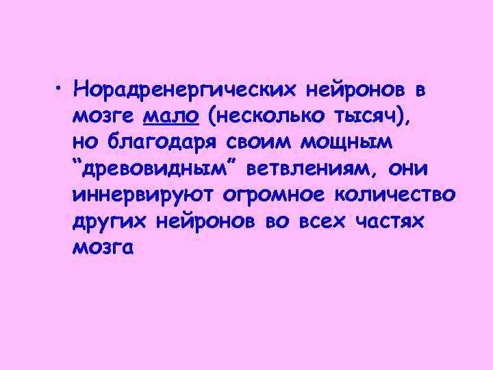  • Норадренергических нейронов в мозге мало (несколько тысяч), но благодаря своим мощным “древовидным”