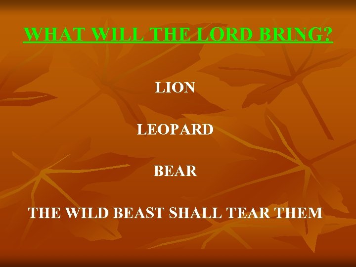 WHAT WILL THE LORD BRING? LION LEOPARD BEAR THE WILD BEAST SHALL TEAR THEM