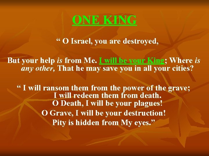 ONE KING “ O Israel, you are destroyed, But your help is from Me.