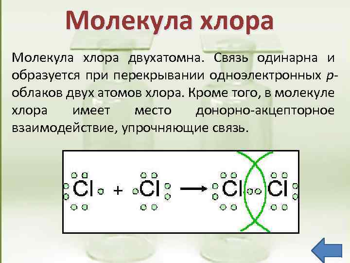 Молекула хлора двухатомна. Связь одинарна и образуется при перекрывании одноэлектронных роблаков двух атомов хлора.