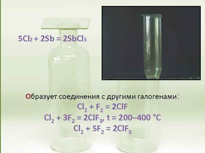 5 Cl 2 + 2 Sb = 2 Sb. Cl 5 Образует соединения с