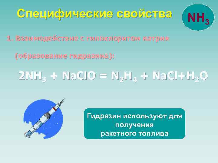 Специфические свойства NH 3 1. Взаимодействие с гипохлоритом натрия (образование гидразина): 2 NH 3