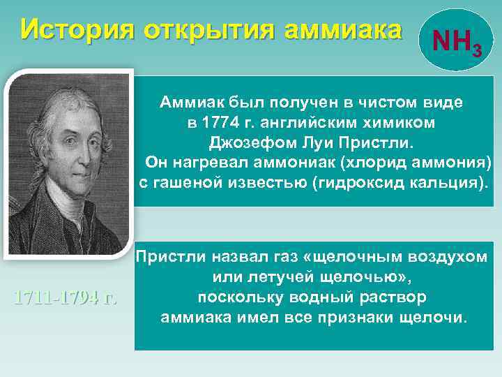 История открытия аммиака NH 3 Аммиак был получен в чистом виде в 1774 г.