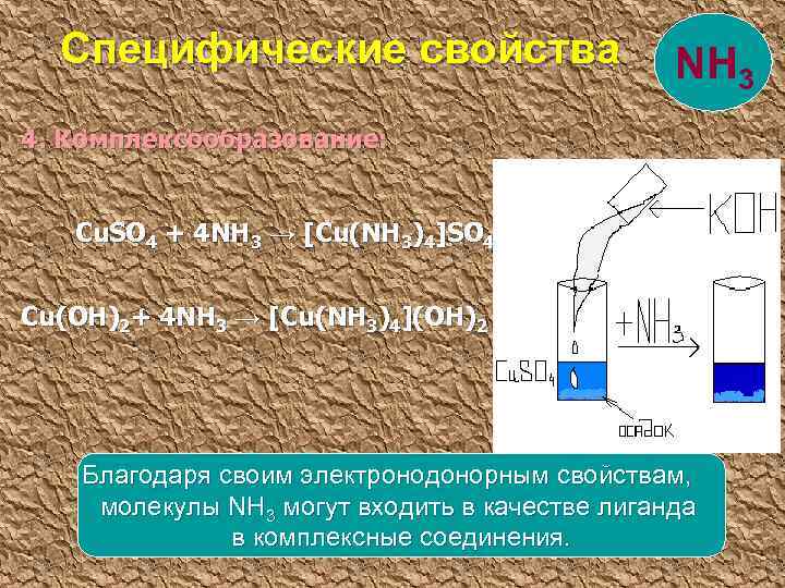 Специфические свойства NH 3 4. Комплексообразование: Cu. SO 4 + 4 NH 3 →