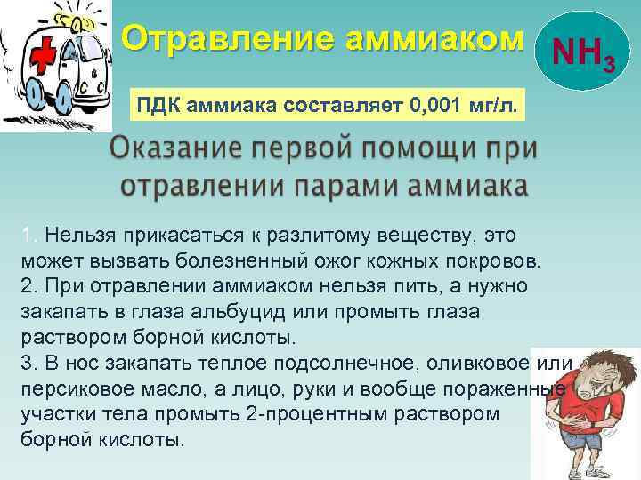 Отравление аммиаком NH 3 ПДК аммиака составляет 0, 001 мг/л. 1. Нельзя прикасаться к
