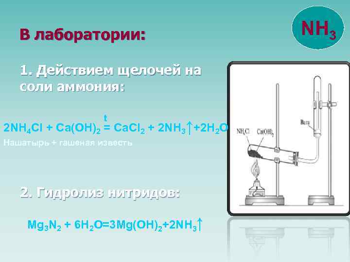 В лаборатории: 1. Действием щелочей на соли аммония: t 2 NH 4 Cl +