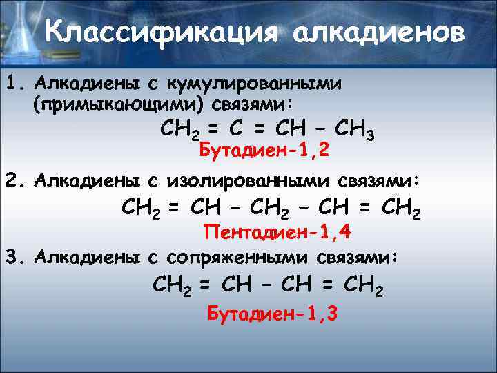 Классификация алкадиенов 1. Алкадиены с кумулированными (примыкающими) связями: СН 2 = СН – СН