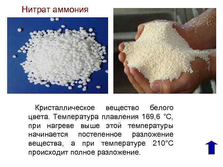 Нитрат аммония Кристаллическое вещество белого цвета. Температура плавления 169, 6 °C, при нагреве выше