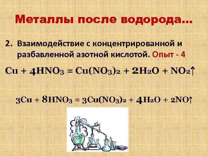 Металлы после водорода… 2. Взаимодействие с концентрированной и разбавленной азотной кислотой. Опыт - 4