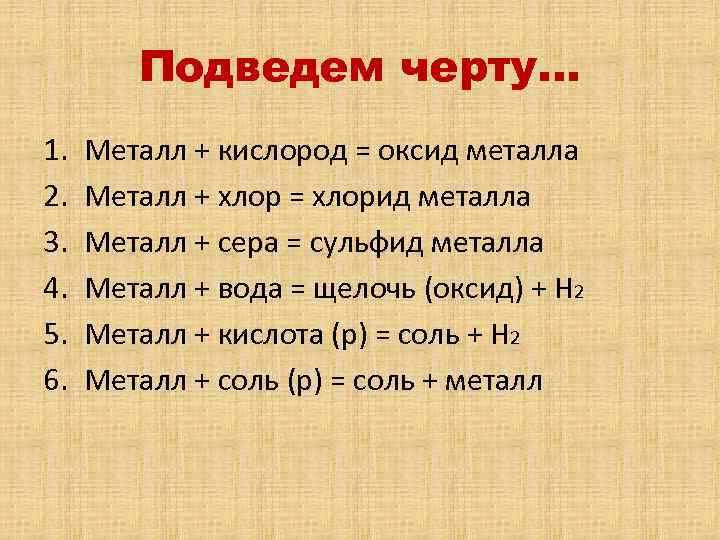 Подведем черту… 1. 2. 3. 4. 5. 6. Металл + кислород = оксид металла