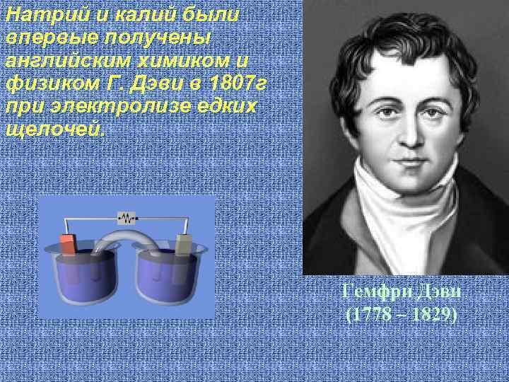 Натрий и калий были впервые получены английским химиком и физиком Г. Дэви в 1807