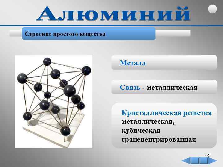 Строение простого вещества Металл Связь - металлическая Кристаллическая решетка металлическая, кубическая гранецентрированная 19 