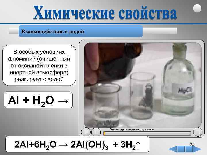 Взаимодействие с водой В особых условиях алюминий (очищенный от оксидной пленки в инертной атмосфере)
