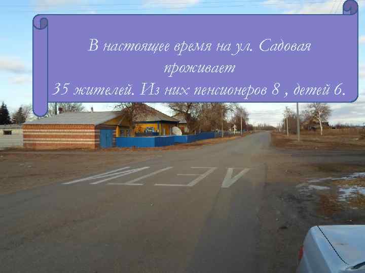 В настоящее время на ул. Садовая проживает 35 жителей. Из них пенсионеров 8 ,