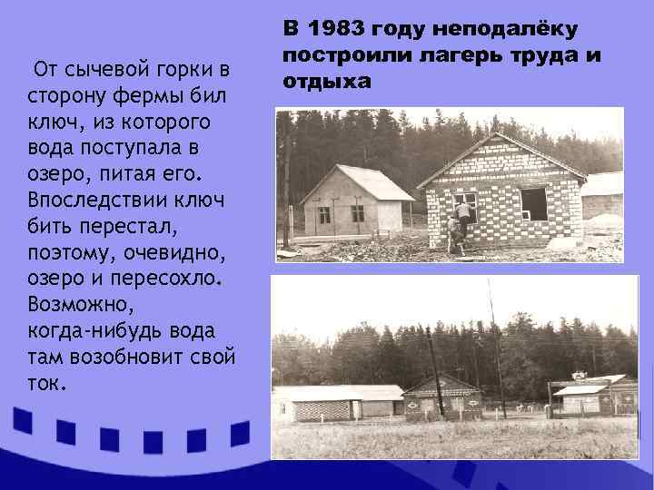 От сычевой горки в сторону фермы бил ключ, из которого вода поступала в озеро,