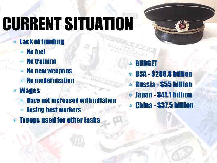CURRENT SITUATION Lack of funding No fuel No training No new weapons No modernization