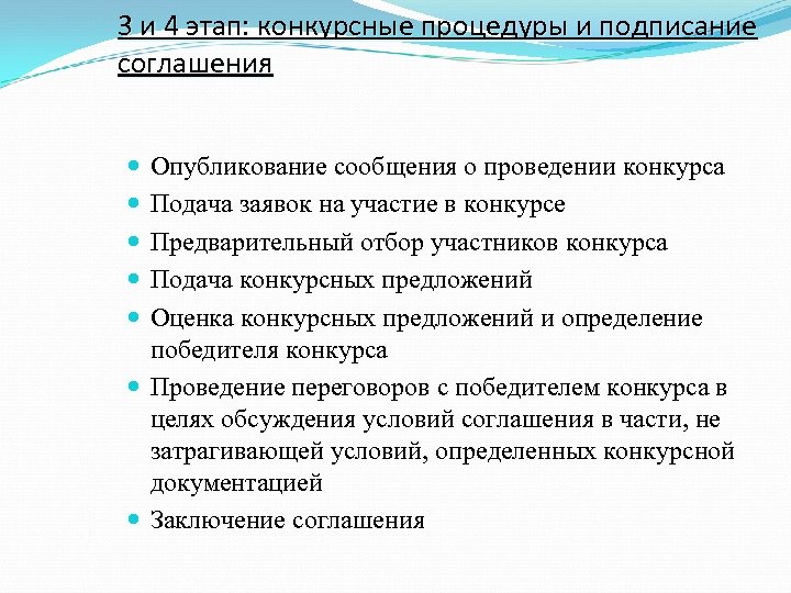 3 и 4 этап: конкурсные процедуры и подписание соглашения Опубликование сообщения о проведении конкурса