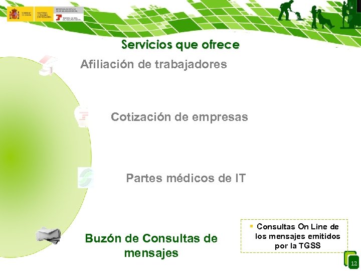 Servicios que ofrece Afiliación de trabajadores Cotización de empresas Partes médicos de IT Buzón