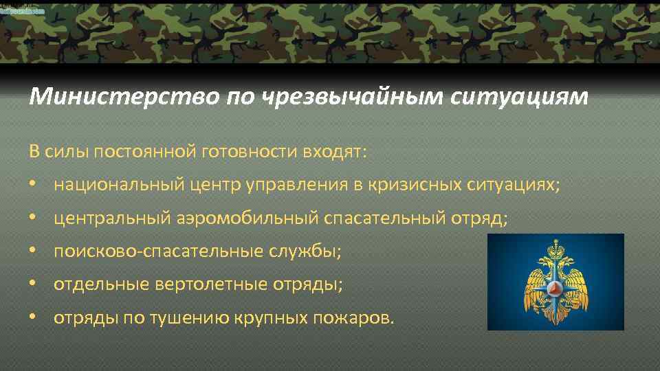 Министерство по чрезвычайным ситуациям В силы постоянной готовности входят: • национальный центр управления в