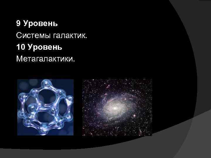 9 Уровень Системы галактик. 10 Уровень Метагалактики. 