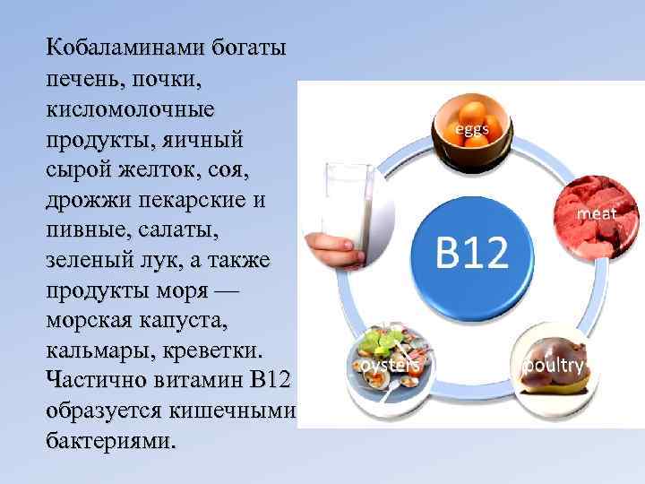  Кобаламинами богаты печень, почки, кисломолочные продукты, яичный сырой желток, соя, дрожжи пекарские и