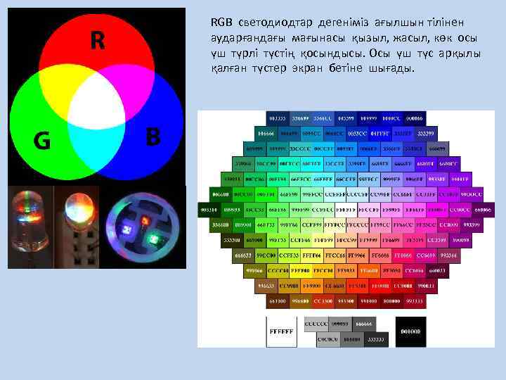 RGB светодиодтар дегеніміз ағылшын тілінен аударғандағы мағынасы қызыл, жасыл, көк осы үш түрлі түстің