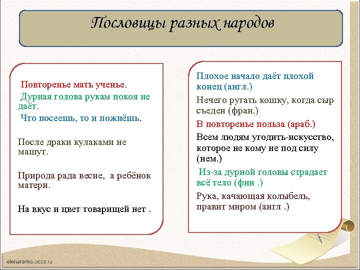 Пословицы разных народов Повторенье мать ученье. Дурная голова рукам покоя не даёт. Что посеешь,