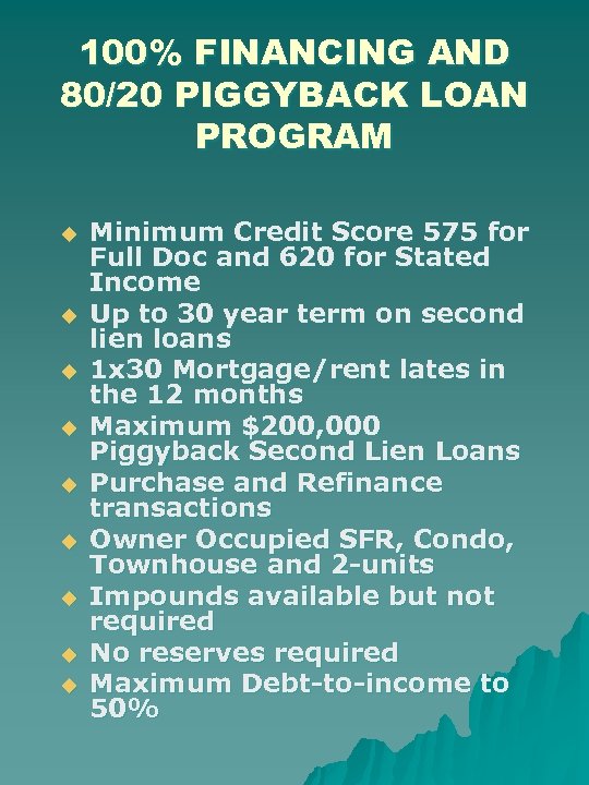 100% FINANCING AND 80/20 PIGGYBACK LOAN PROGRAM u u u u u Minimum Credit