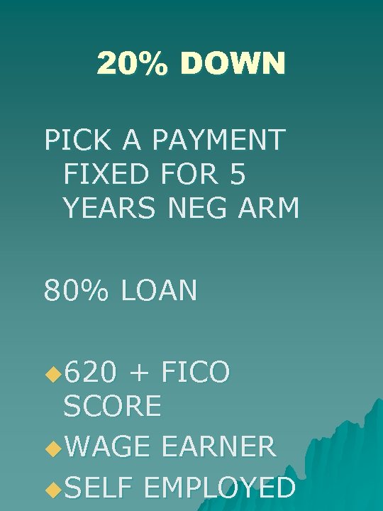 20% DOWN PICK A PAYMENT FIXED FOR 5 YEARS NEG ARM 80% LOAN u