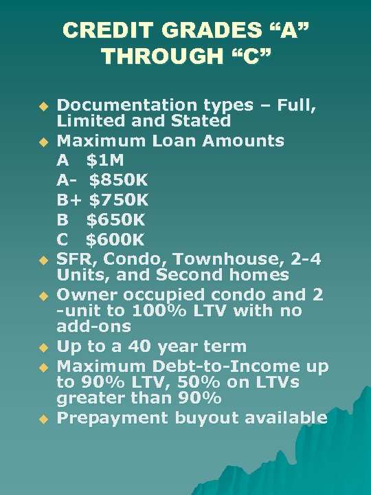 CREDIT GRADES “A” THROUGH “C” u u u u Documentation types – Full, Limited