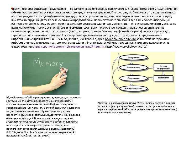Частичного воспроизведения методика — предложена американским психологом Дж. Сперлингом в 1959 г. для изучения
