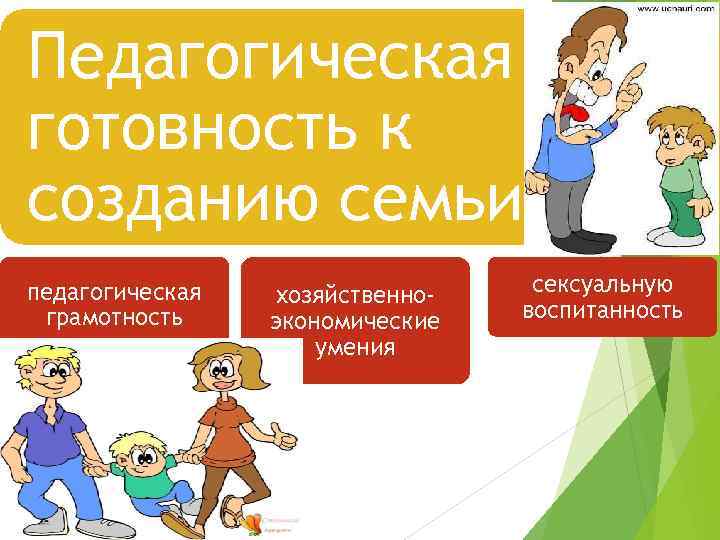 Педагогическая готовность к созданию семьи педагогическая грамотность хозяйственноэкономические умения сексуальную воспитанность 