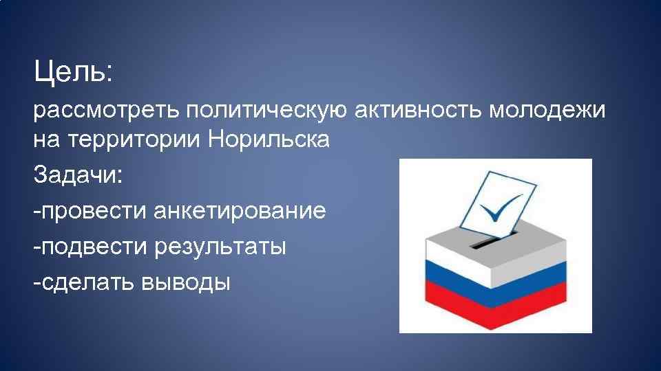 Цель: рассмотреть политическую активность молодежи на территории Норильска Задачи: -провести анкетирование -подвести результаты -сделать