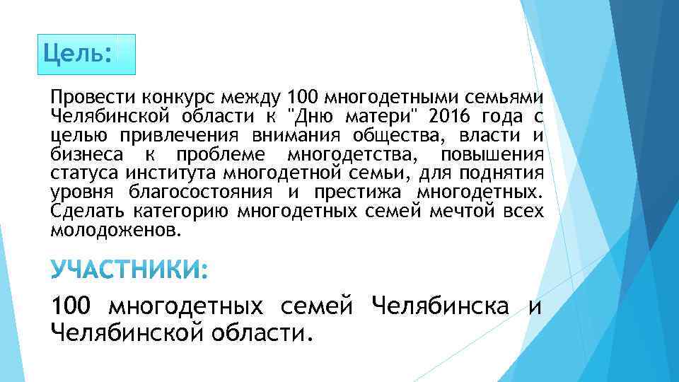 Цель: Провести конкурс между 100 многодетными семьями Челябинской области к "Дню матери" 2016 года