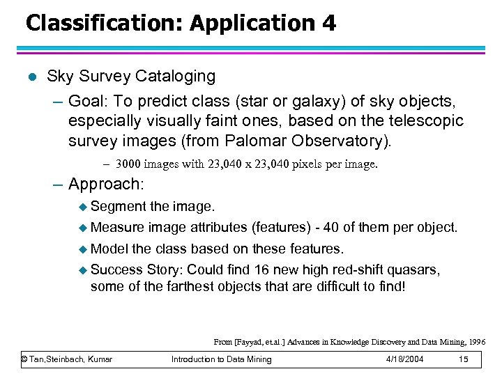 Classification: Application 4 l Sky Survey Cataloging – Goal: To predict class (star or
