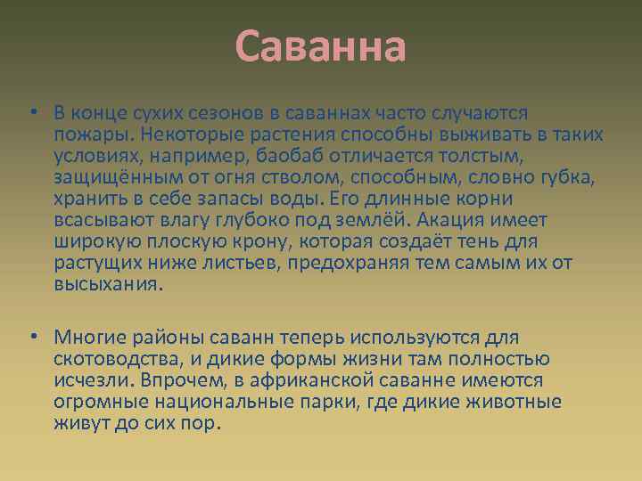 Саванна • В конце сухих сезонов в саваннах часто случаются пожары. Некоторые растения способны