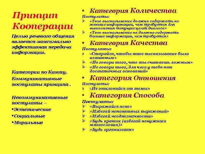 Принцип Кооперации Целью речевого общения является максимально эффективная передача информации. Категории по Канту. Коммуникативные