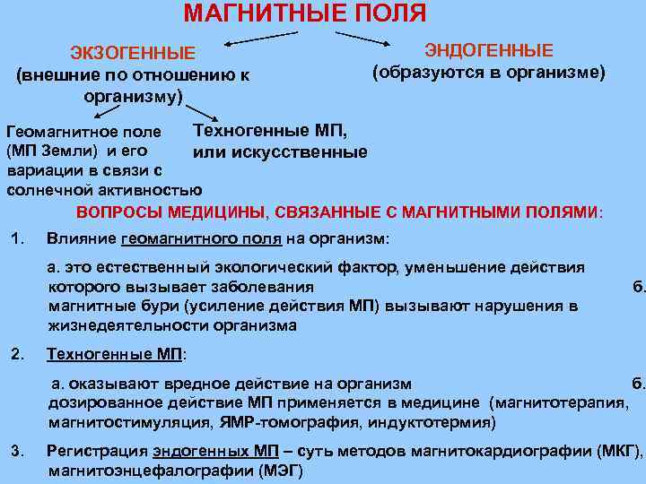 МАГНИТНЫЕ ПОЛЯ ЭКЗОГЕННЫЕ (внешние по отношению к организму) ЭНДОГЕННЫЕ (образуются в организме) Техногенные МП,