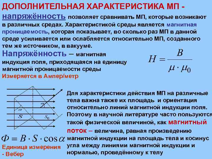 ДОПОЛНИТЕЛЬНАЯ ХАРАКТЕРИСТИКА МП напряжённость позволяет сравнивать МП, которые возникают в различных средах. Характеристикой среды