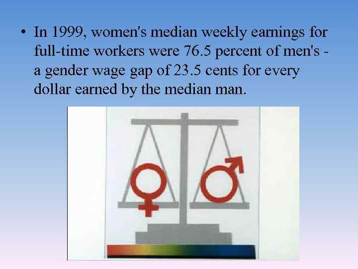  • In 1999, women's median weekly earnings for full-time workers were 76. 5