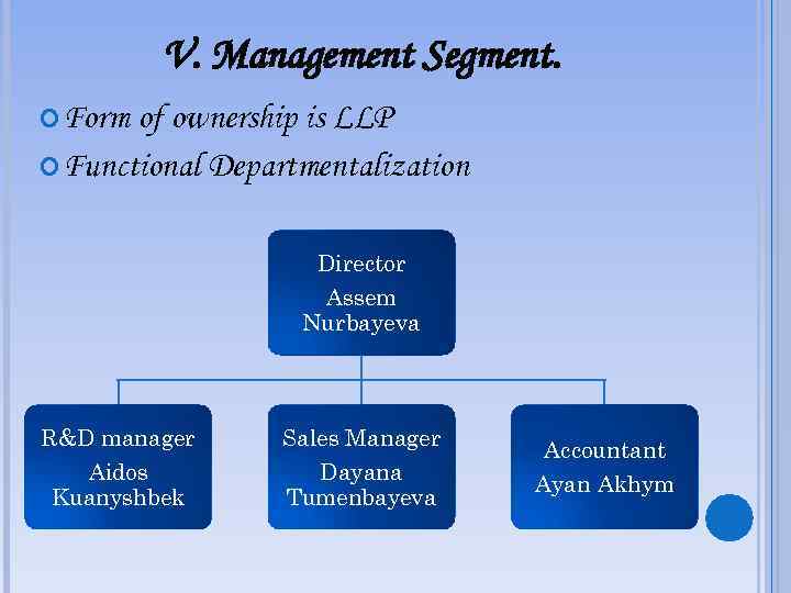 V. Management Segment. Form of ownership is LLP Functional Departmentalization Director Assem Nurbayeva R&D