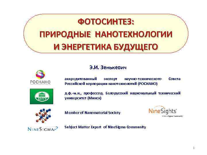 ФОТОСИНТЕЗ: ПРИРОДНЫЕ НАНОТЕХНОЛОГИИ И ЭНЕРГЕТИКА БУДУЩЕГО Э. И. Зенькевич аккредитованный эксперт научно-технического Российской корпорации